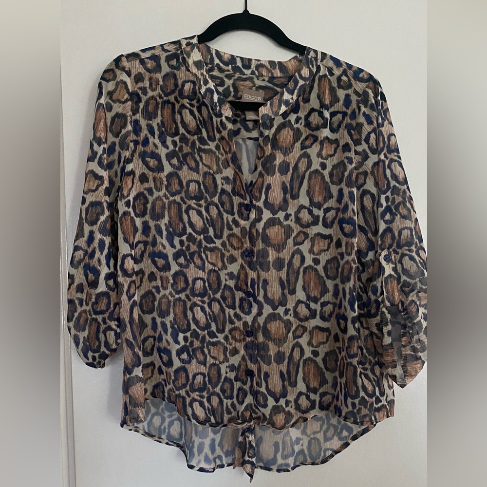 Chico's Navy Brown Leopard Print Blouse